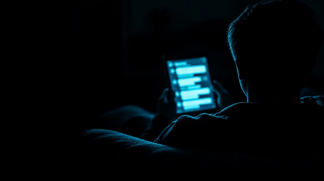 A person reading an AI answer on a tablet in a dark room