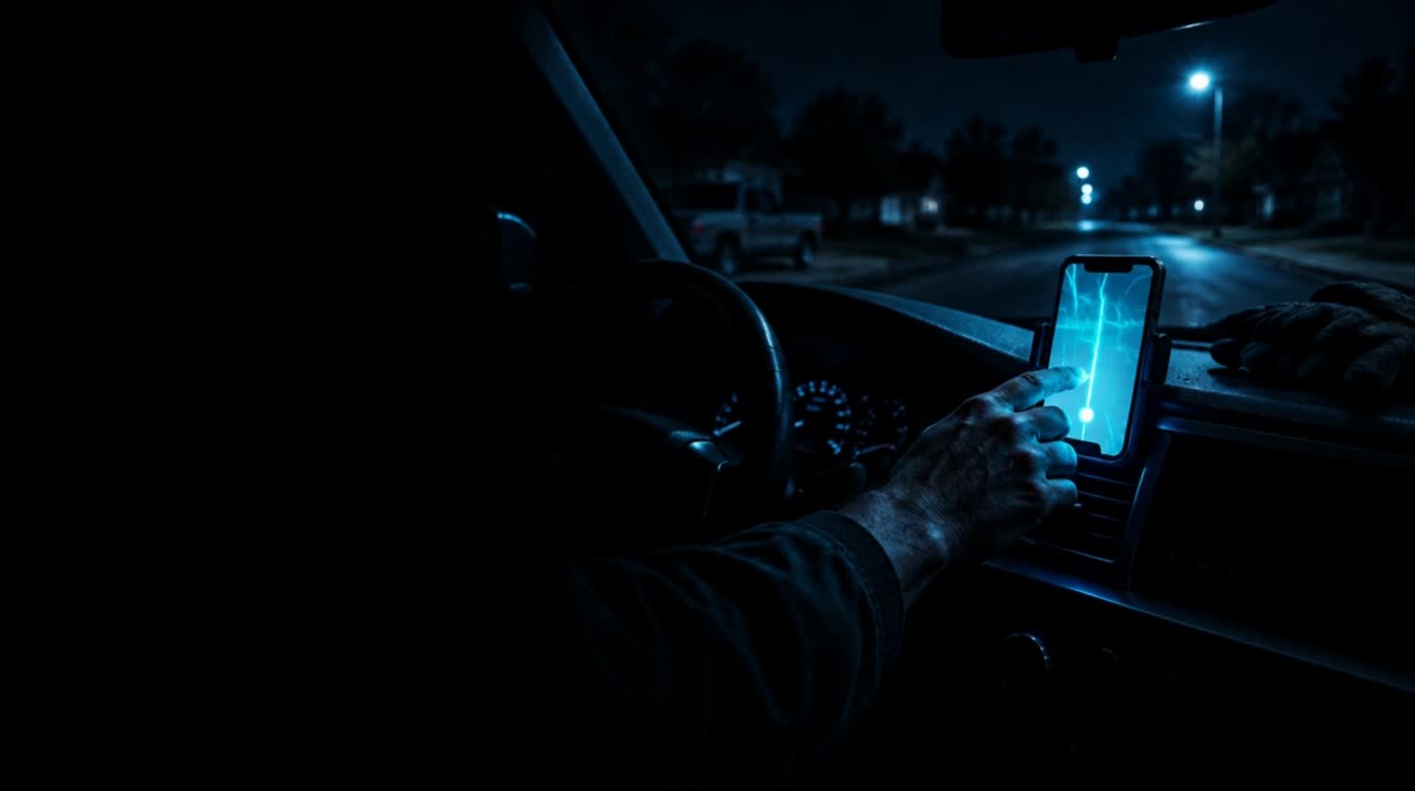 A contractor reaching for a phone mounted in a dark truck cab