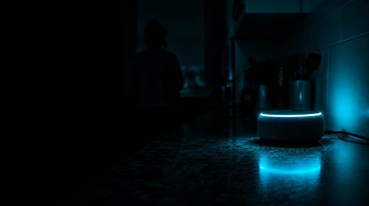 A smart speaker glowing on a dark kitchen counter