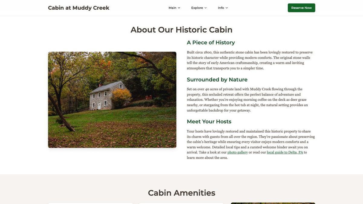Cabin at Muddy Creek website homepage