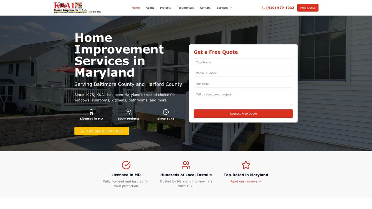 K&A1 Home Improvement website homepage