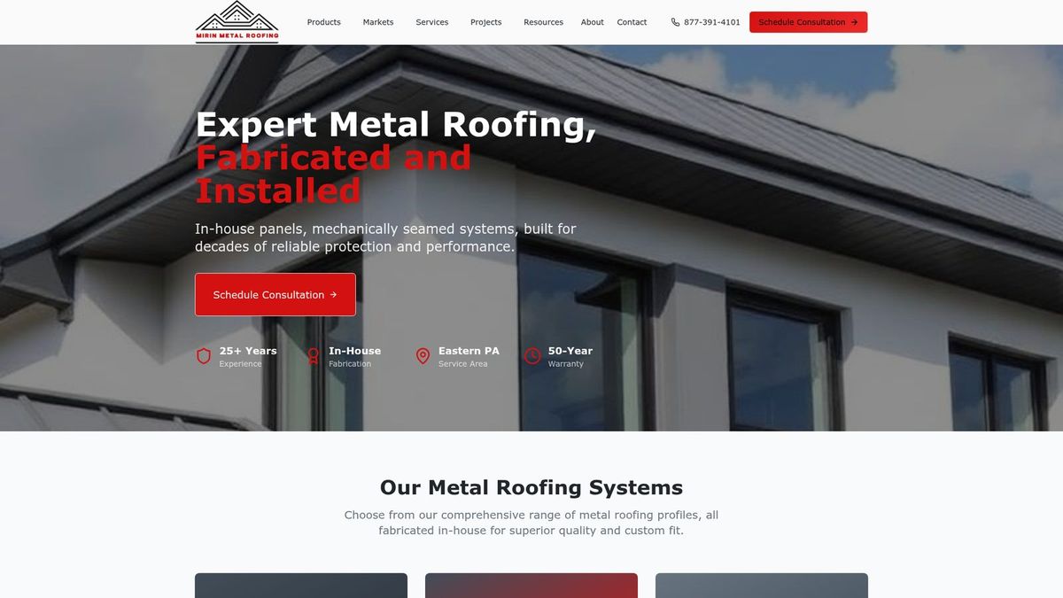 Mirin Metal Roofing website homepage