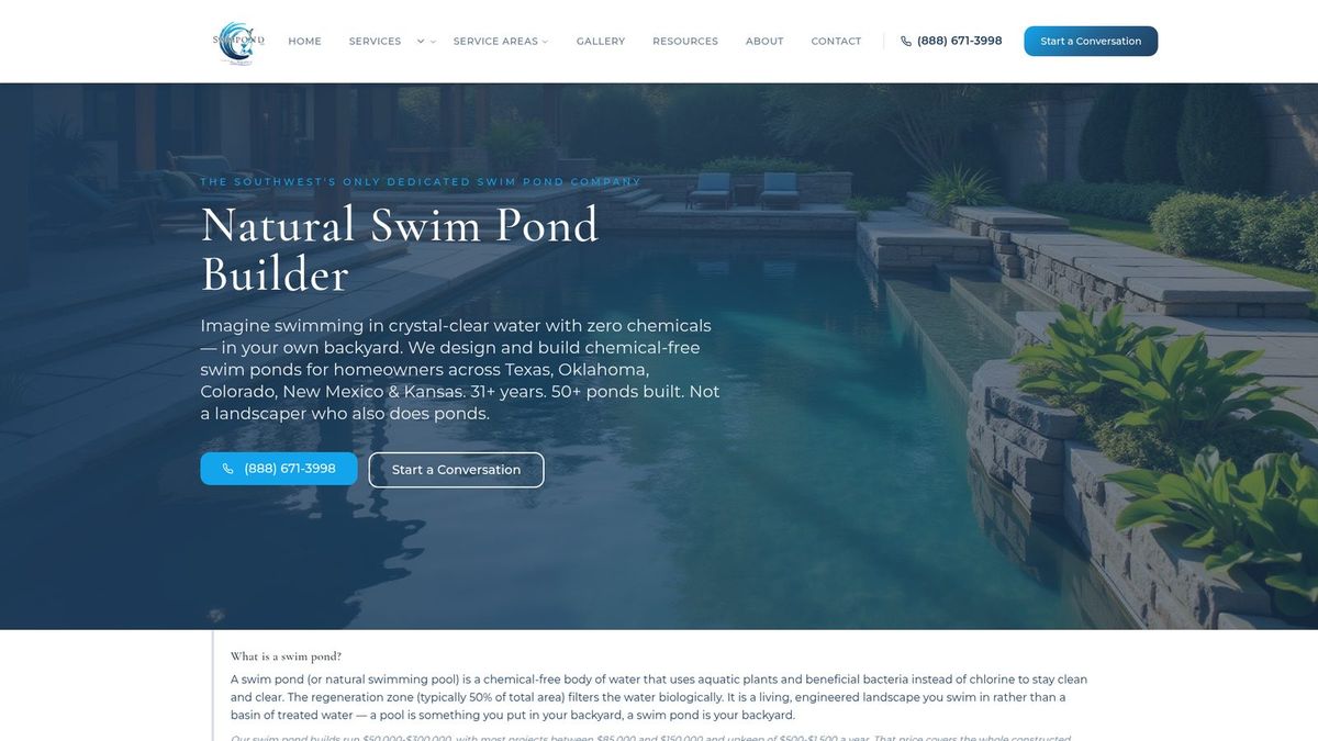 Natural Swimming Ponds website screenshot