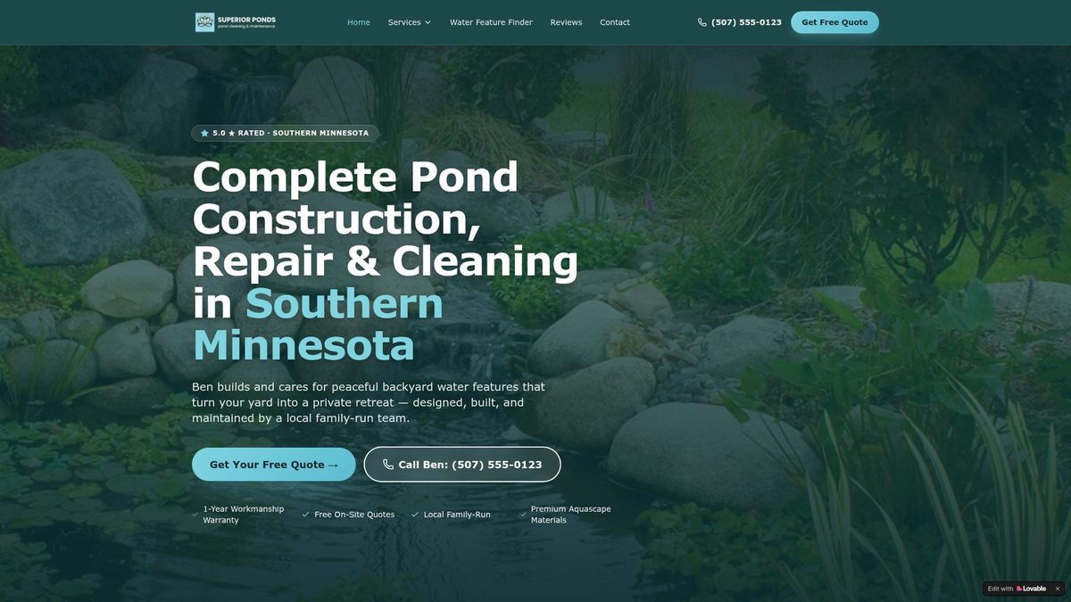 Superior Ponds website homepage