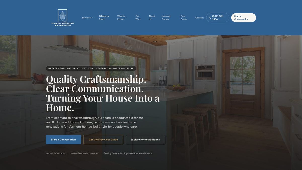 Vermont Renovation and Remodeling website homepage