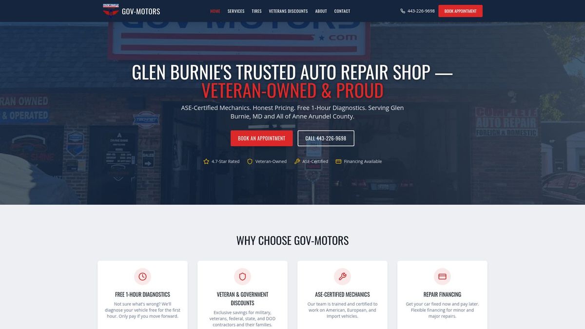 Veteran Auto Care / Gov-Motors website homepage